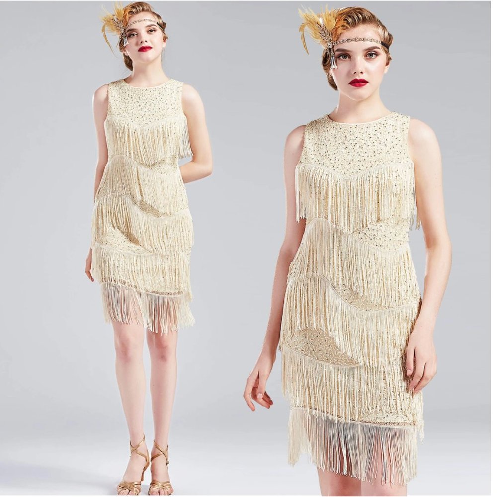 NWT Cream sequin beaded deco flapper dress
